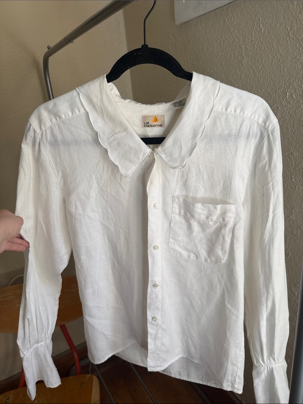 1970 Liz Claiborne Linen Button-Up Blouse Long Sleeve Peter Pan Collar